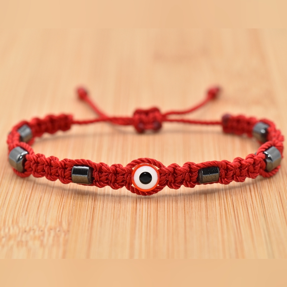 Hematite red string good luck bracelet, evil eye charm, braided red evil eye